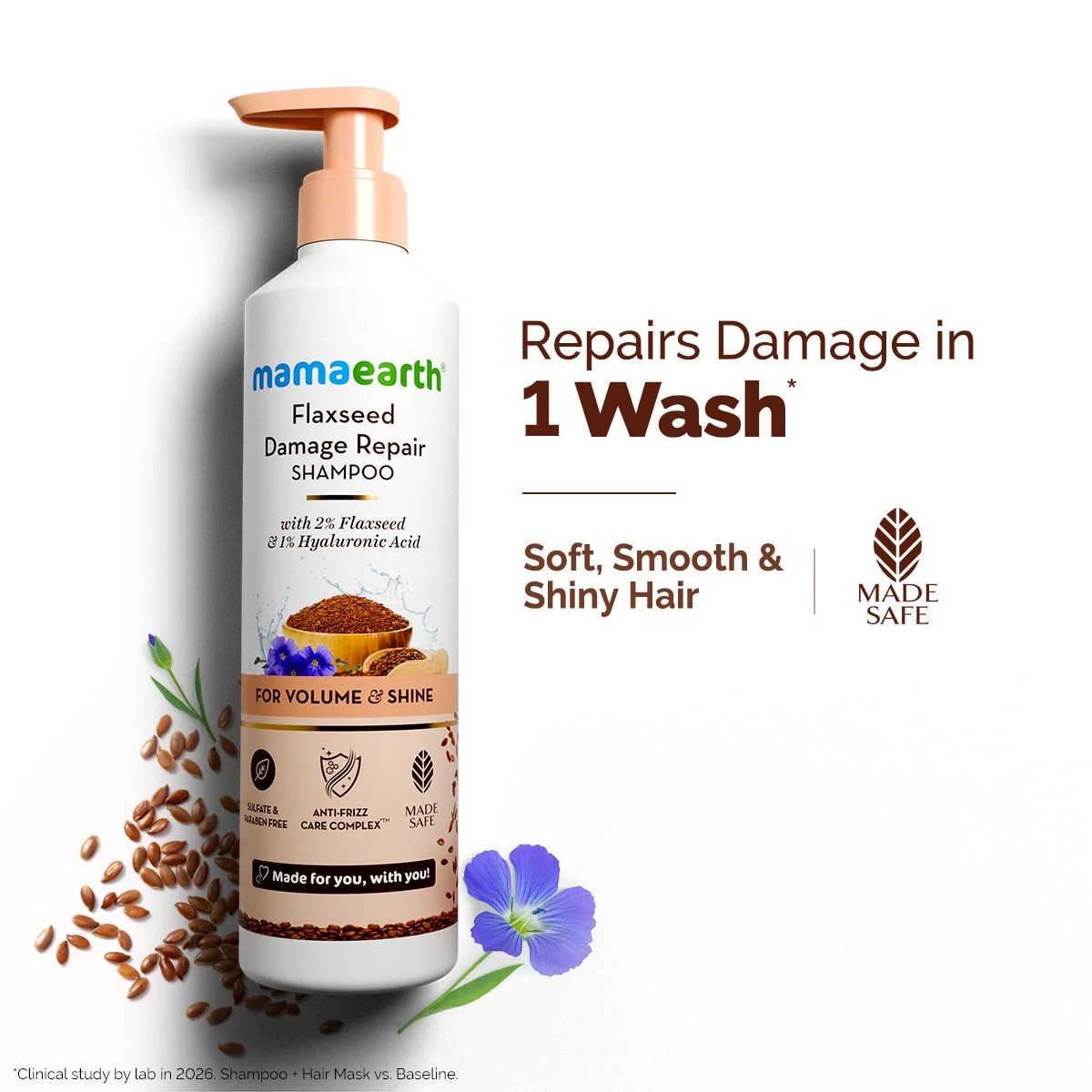 Mamaearth Flaxseed Damage Repair Shampoo – Repairs & Strengthens Hair (250ml)